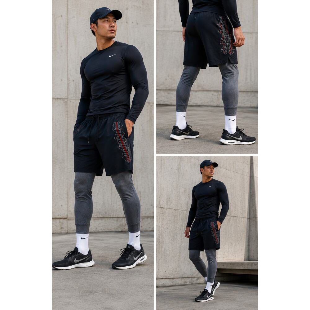 Nike N7 Hybrid Shorts Jogger Pants XL Black Grey Layered Activewear Tribal Print